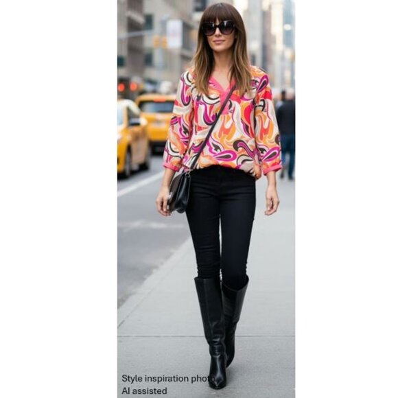 BANANA REPUBLIC - 3/4 sleeve retro print v-neck blouse - Picture 2 of 10